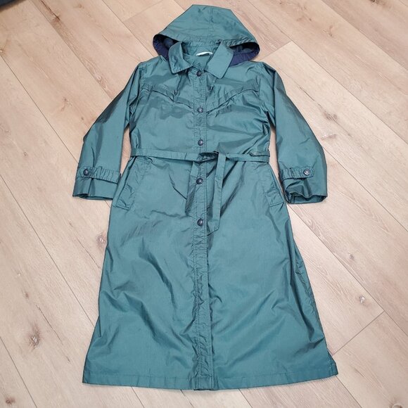 Vintage 80s Current Seen Womens 9/10 Green Long Trench Jacket Coat Rain READ - Picture 1 of 16